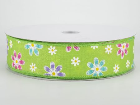 1.5  Brushed Spring Daisies Ribbon: Lime (50 Yards) For Discount