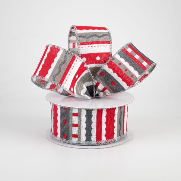 1.5  Whimsy Stripe Ribbon: Grey, Red & White (10 Yards) Online now