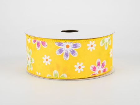 1.5  Brushed Spring Daisies Ribbon: Daffodil Yellow (10 Yards) For Discount