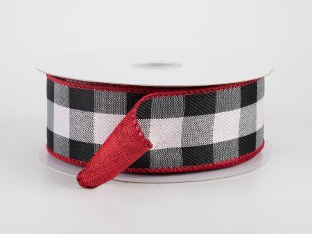 1.5  Two Sided Buffalo Plaid & Linen Ribbon: Black, White, Red (10 Yards) Online now