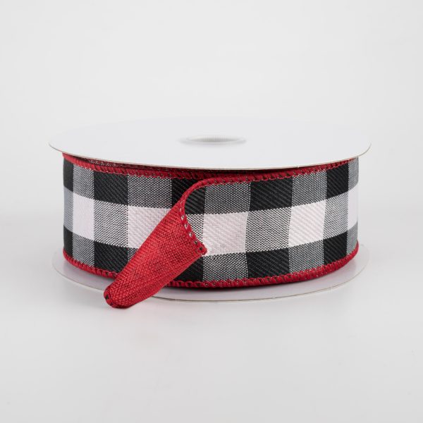 1.5  Two Sided Buffalo Plaid & Linen Ribbon: Black, White, Red (10 Yards) Online now