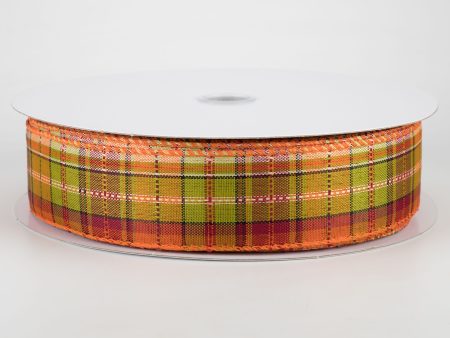 1.5  Woven Fall Plaid Ribbon: Lime, Rust, Orange, Burgundy (50 Yards) Supply