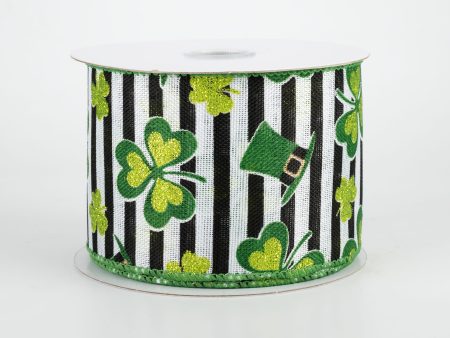 2.5  St. Patrick s Clovers & Hats Stripe Ribbon (10 Yards) For Sale