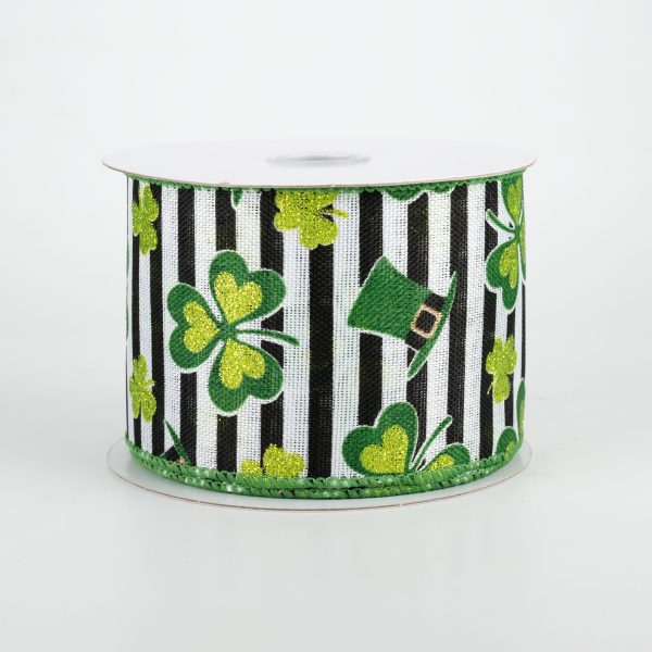 2.5  St. Patrick s Clovers & Hats Stripe Ribbon (10 Yards) For Sale