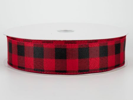 1.5  Linen Check Buffalo Plaid Ribbon: Black & Red (50 Yards) on Sale