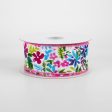 1.5  Watercolor Flowers on Linen Ribbon: Fuchsia & Blue (10 Yards) on Sale