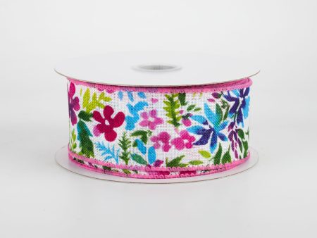 1.5  Watercolor Flowers on Linen Ribbon: Fuchsia & Blue (10 Yards) on Sale