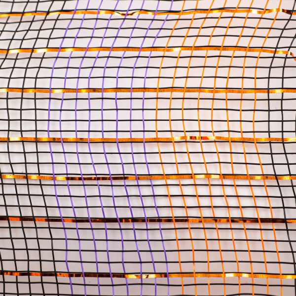 10  Poly Deco Mesh: Black, Orange, Purple Horizontal Foil Stripe Online Hot Sale