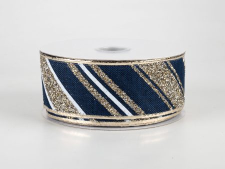 1.5  Diagonal Glitter Stripe Ribbon: Navy, Champagne Gold, White (10 Yards) For Sale