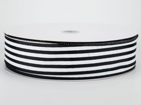 1.5  Cabana Stripes Ribbon: White on Black Satin (50 Yards) Online Hot Sale