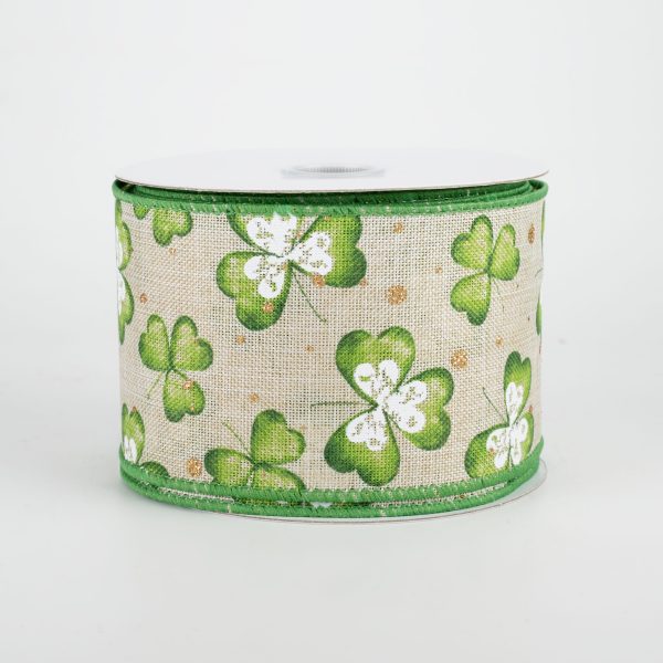 2.5  Watercolor Shamrocks Ribbon: Natural (10 Yards) For Cheap