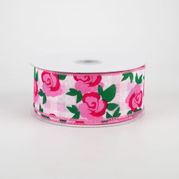 1.5  Pink Roses on Pink & White Gingham Ribbon (10 Yards) Supply