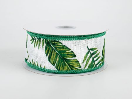 1.5  Tropical Leaves Linen Ribbon: White (10 Yards) Online Hot Sale