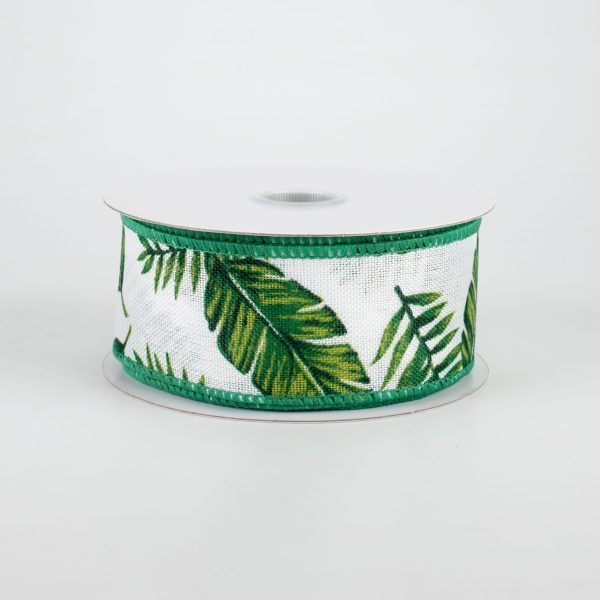 1.5  Tropical Leaves Linen Ribbon: White (10 Yards) Online Hot Sale