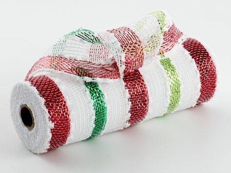 10  Striped Snowball Deco Mesh: Red, Emerald, Lime, White For Sale