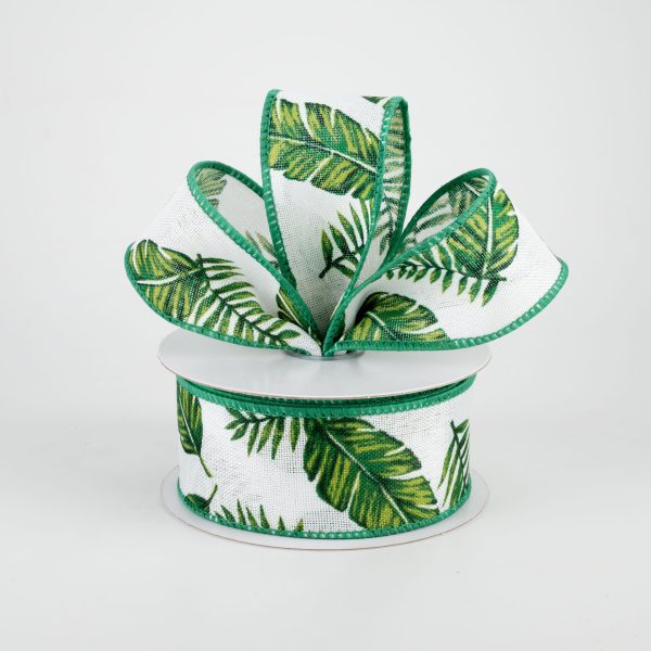 1.5  Tropical Leaves Linen Ribbon: White (10 Yards) Online Hot Sale