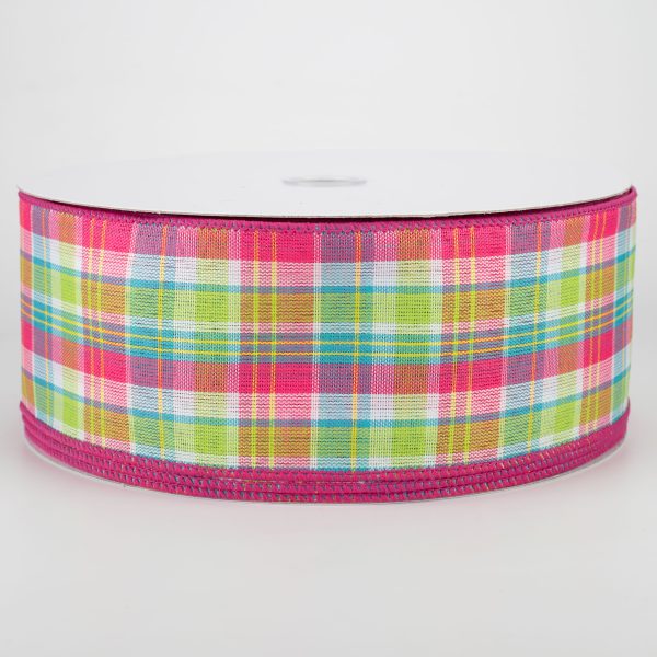 2.5  Bertie Plaid Ribbon: Fuchsia, Turquoise, Yellow, White (50 Yards) Fashion