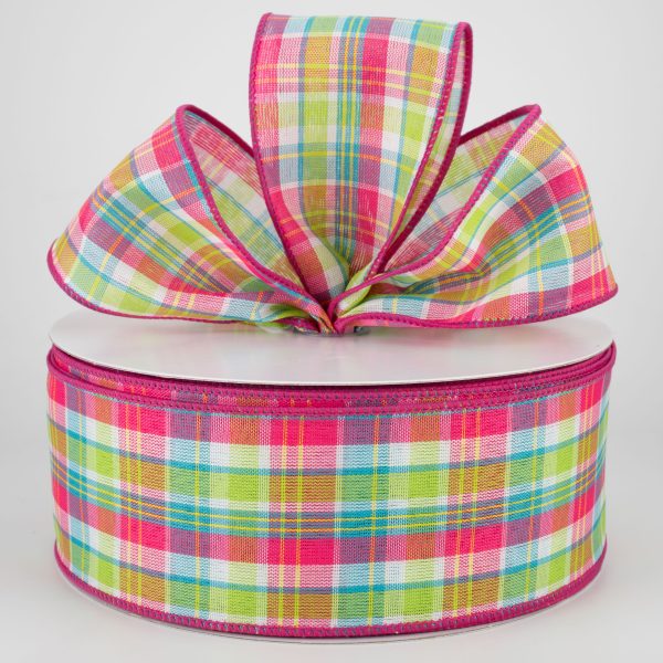 2.5  Bertie Plaid Ribbon: Fuchsia, Turquoise, Yellow, White (50 Yards) Fashion