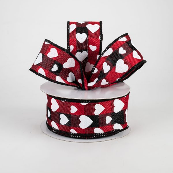 1.5  Hearts On Buffalo Plaid Ribbon: Black, Red, White (10 Yards) Sale