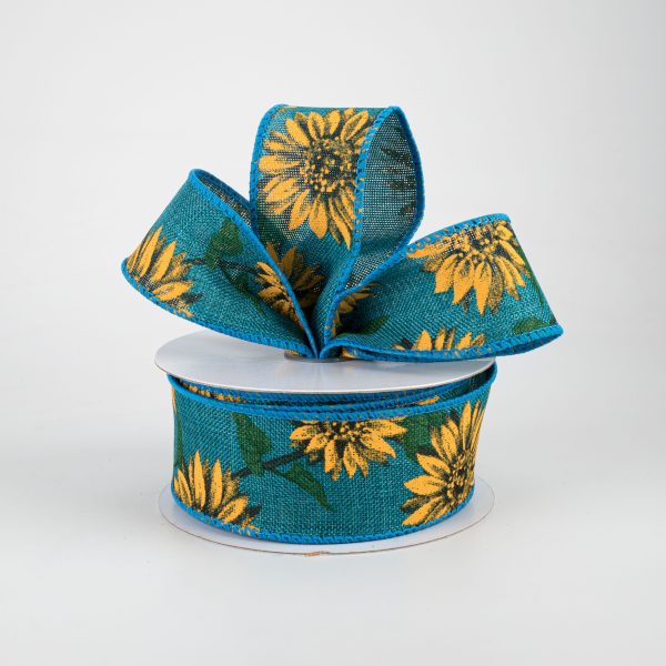 1.5  Linen Sunflower Ribbon: Teal (10 Yards) For Discount