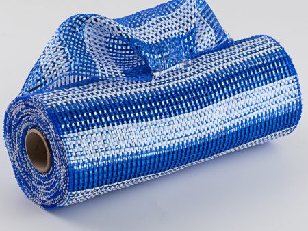 10  Poly Deco Mesh: Horizontal Stripe Wide Foil Blue & White on Sale