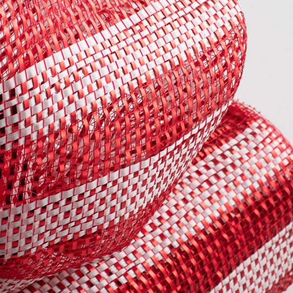 10  Poly Deco Mesh: Horizontal Stripe Wide Foil Red & White Online Hot Sale