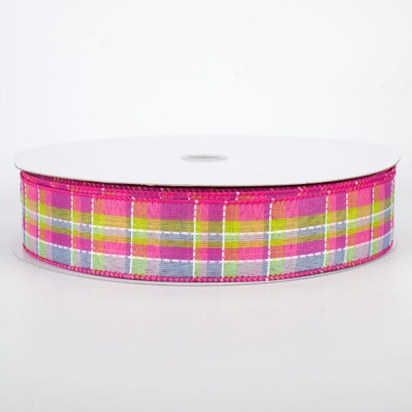 1.5  Stitched Spring Plaid Ribbon: Fuchsia & Blue (50 Yards) Hot on Sale