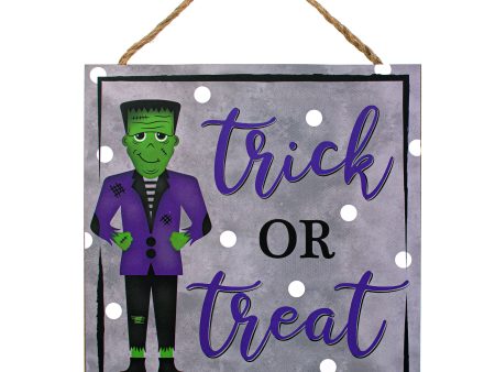 10  Square Wooden Sign: Trick Or Treat Frankenstein Discount