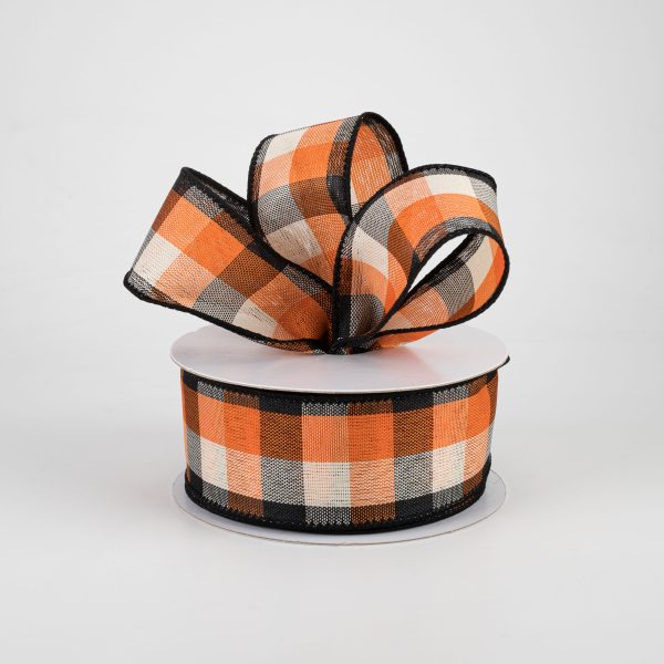 1.5  Woven Square Plaid Ribbon: Ivory, Orange, Black (10 Yards) For Cheap