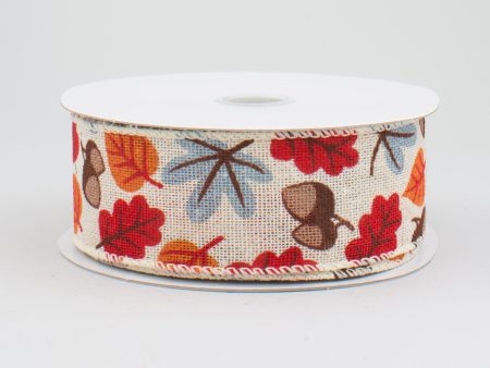 1.5  Fall Acorn & Leaf Ribbon: Ivory (10 Yards) Online Hot Sale