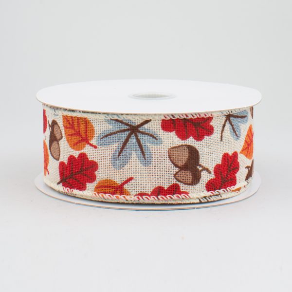 1.5  Fall Acorn & Leaf Ribbon: Ivory (10 Yards) Online Hot Sale