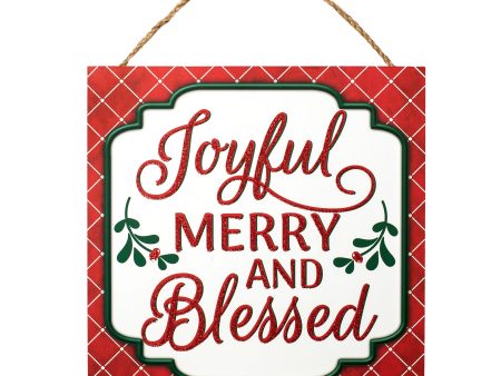 10  Square Wooden Sign: Joyful, Merry, Blessed Sale