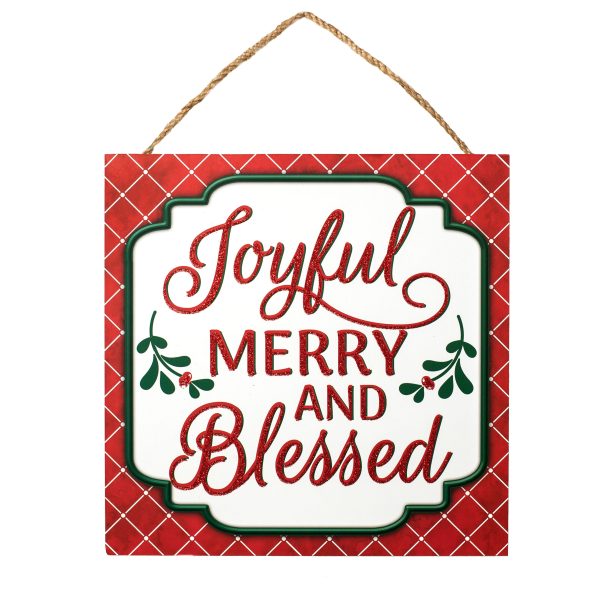 10  Square Wooden Sign: Joyful, Merry, Blessed Sale