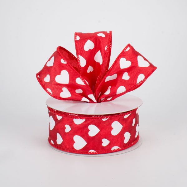 1.5  Hearts Ribbon: White On Red Satin (10 Yards) Online Sale