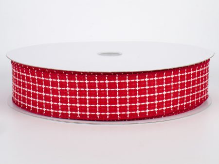 1.5  Embroidered Stitched Squares Ribbon: Red (50 Yards) For Cheap