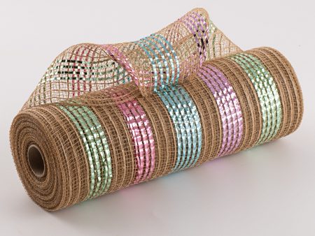 10  Poly Jute Burlap Mesh: Wide Metallic Pastel Stripes on Sale