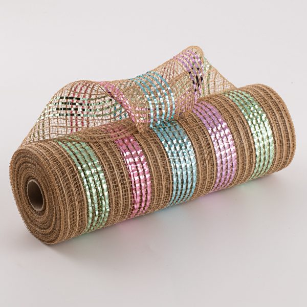 10  Poly Jute Burlap Mesh: Wide Metallic Pastel Stripes on Sale