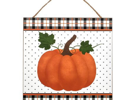 10  Square Wooden Sign: Pumpkin With Plaid Border Cheap