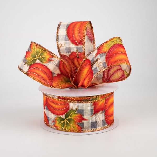 1.5  Glitter Pumpkin Check Ribbon: Grey & Cream (10 Yards) Online Hot Sale