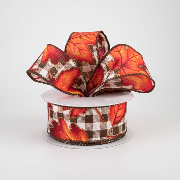 1.5  Fall Leaves On Check Ribbon: Brown & Cream (10 Yards) Online