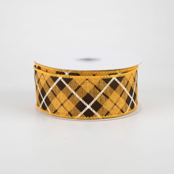 1.5  Fall Argyle Plaid Ribbon: Yellow & Brown (10 Yards) For Sale