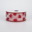 1.5  Glitter Hearts Ribbon: Red On White Sheer (10 Yards) Discount