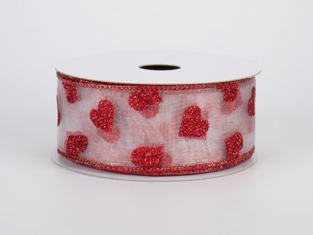 1.5  Glitter Hearts Ribbon: Red On White Sheer (10 Yards) Discount