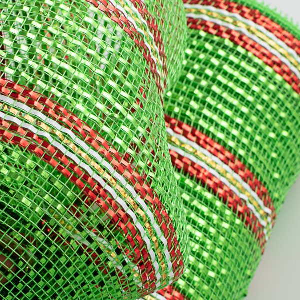 10  Poly Deco Mesh: Metallic Foil Lime & Red With Laser Gold Stripe For Discount