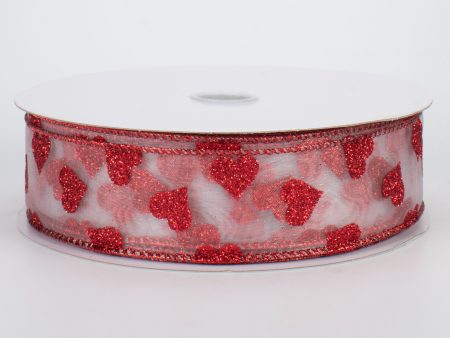 1.5  Glitter Hearts Ribbon: Red On White Sheer (50 Yards) on Sale