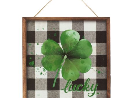 10  Square Wooden Sign: Lucky Shamrock Plaid on Sale