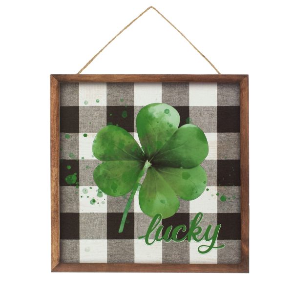 10  Square Wooden Sign: Lucky Shamrock Plaid on Sale