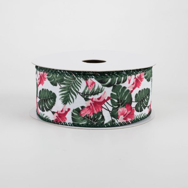 1.5  Hibiscus Monstera Leaves Ribbon: White & Pink (10 Yards) Online Sale