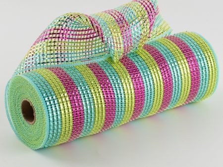 10  Wide Foil Stripes Poly Deco Mesh: Lime, Hot Pink, Turquoise (10 Yards) Hot on Sale