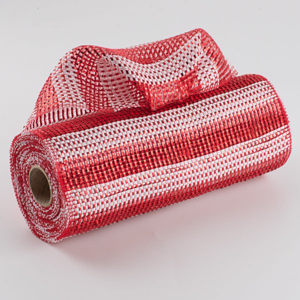 10  Poly Deco Mesh: Horizontal Stripe Wide Foil Red & White Online Hot Sale